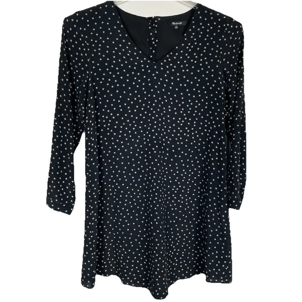 Madewell 100% Silk Swing Dress Size XS Black Star Print Holiday Party Career - Picture 1 of 12